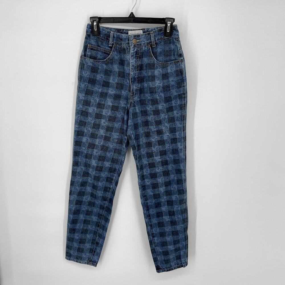 Calvin Klein VINTAGE Paisley Check High Rise Tapered Jeans Junior Size 7 Blue